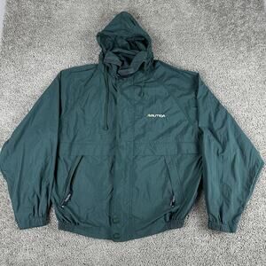 Nautica Jacket Mens 2XL Green Hooded Windbreaker Nylon Full Zip Outdoor Coat
